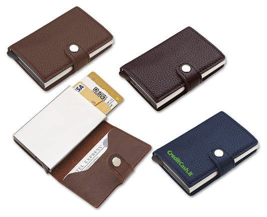PORTACARDS DISPENCER AUTOM. PELLE GRANA DOLLARO+ALLUMINIO